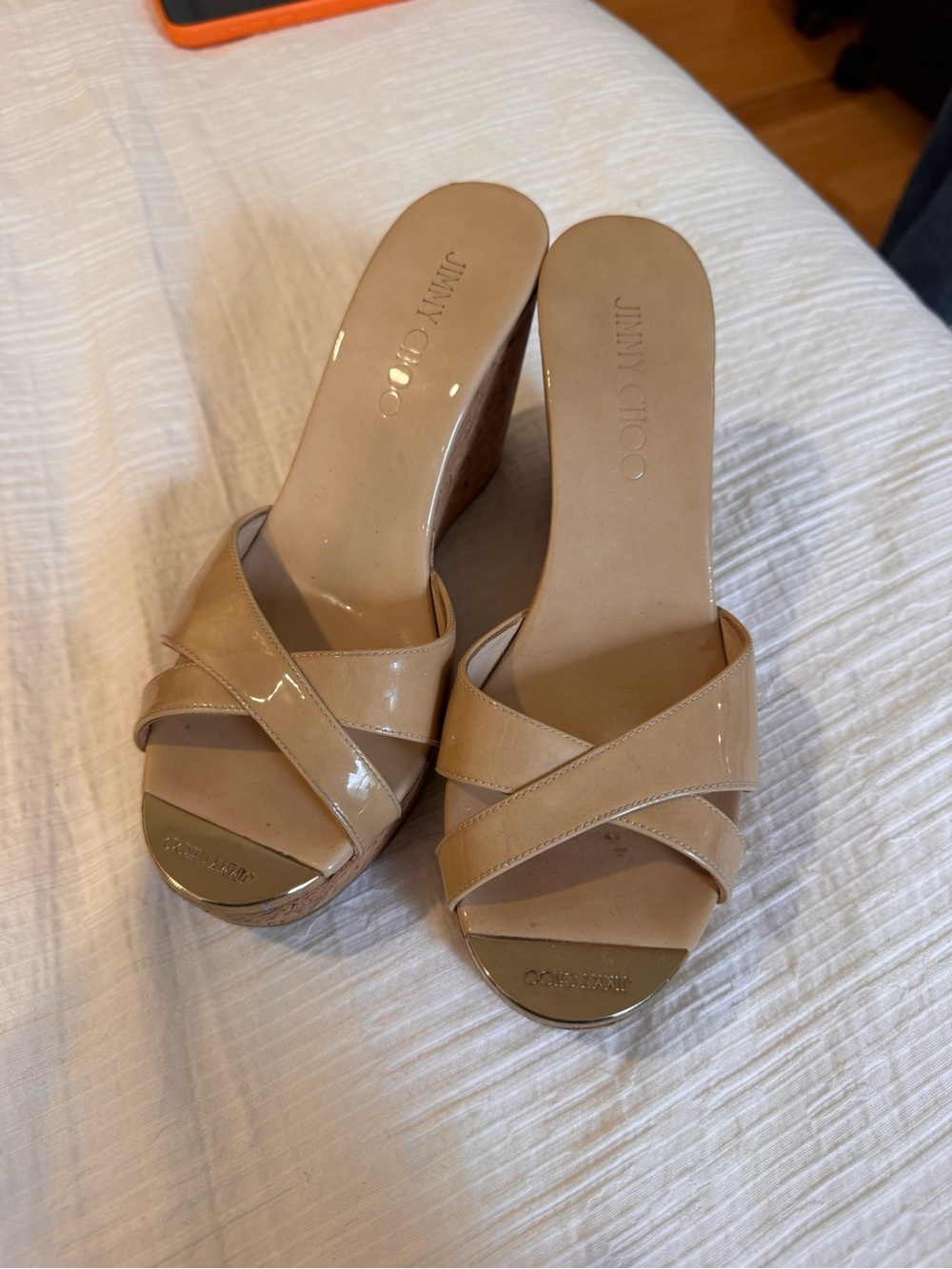 Jimmy Choo Beige Patent Leather Crisscross Wedge Sandals